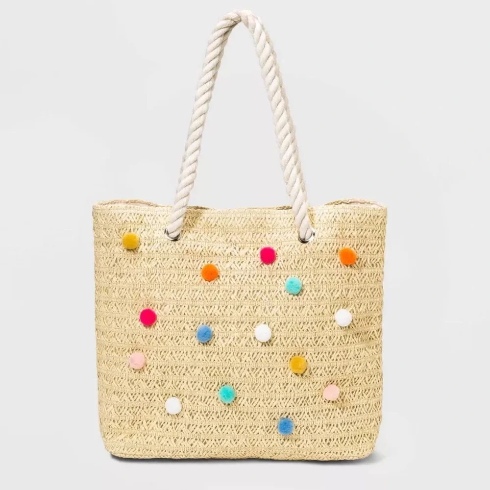 Cat & Jack Beach Straw Bag Rope‎ Handle with Pom Poms New with Tags